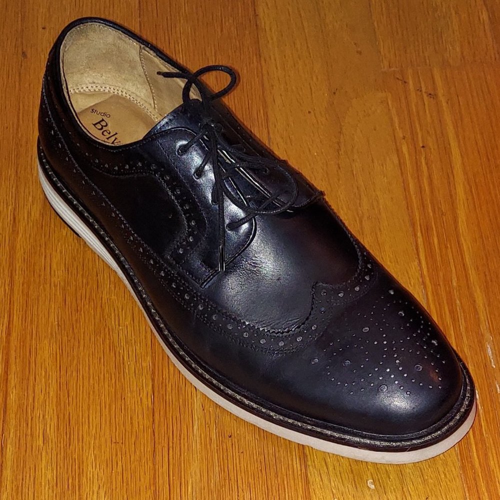 BELVEDERE STUDIO "LEANDRO" MEN'S BLACK LEATHER WINGTIP DERBY OXFORDS SIZE 9.5 D